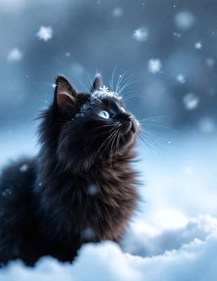 The primary subject of the image is a black cat with a white nose, sitting in the snow. The cat appears to be looking up, possibly at the falling snowflakes. The setting is a snowy environment, with the cat standing on a snow-covered surface. The visual style of the image is a photo, capturing the cat's unique features and the wintery atmosphere. The dominant colors in the image are black and white, with the white snow adding a contrasting element to the scene. The overall mood of